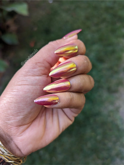 Cranberry Glazed Donut Nails - Red Pearl Chrome False Press-On Nail Extensions 10pcs