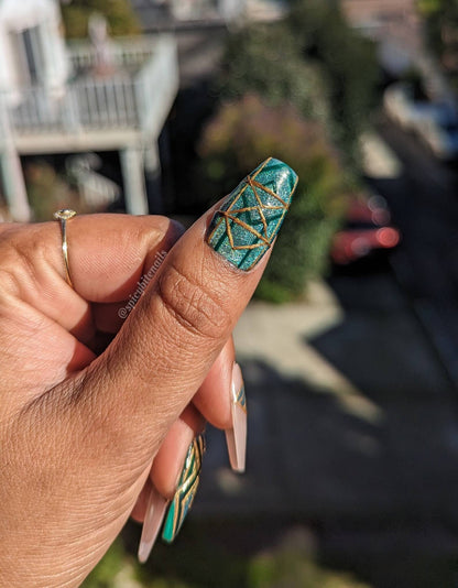 Great Gatsby - Green and Gold Art Deco Cat-Eye False Press-On Nail Extensions 10pcs