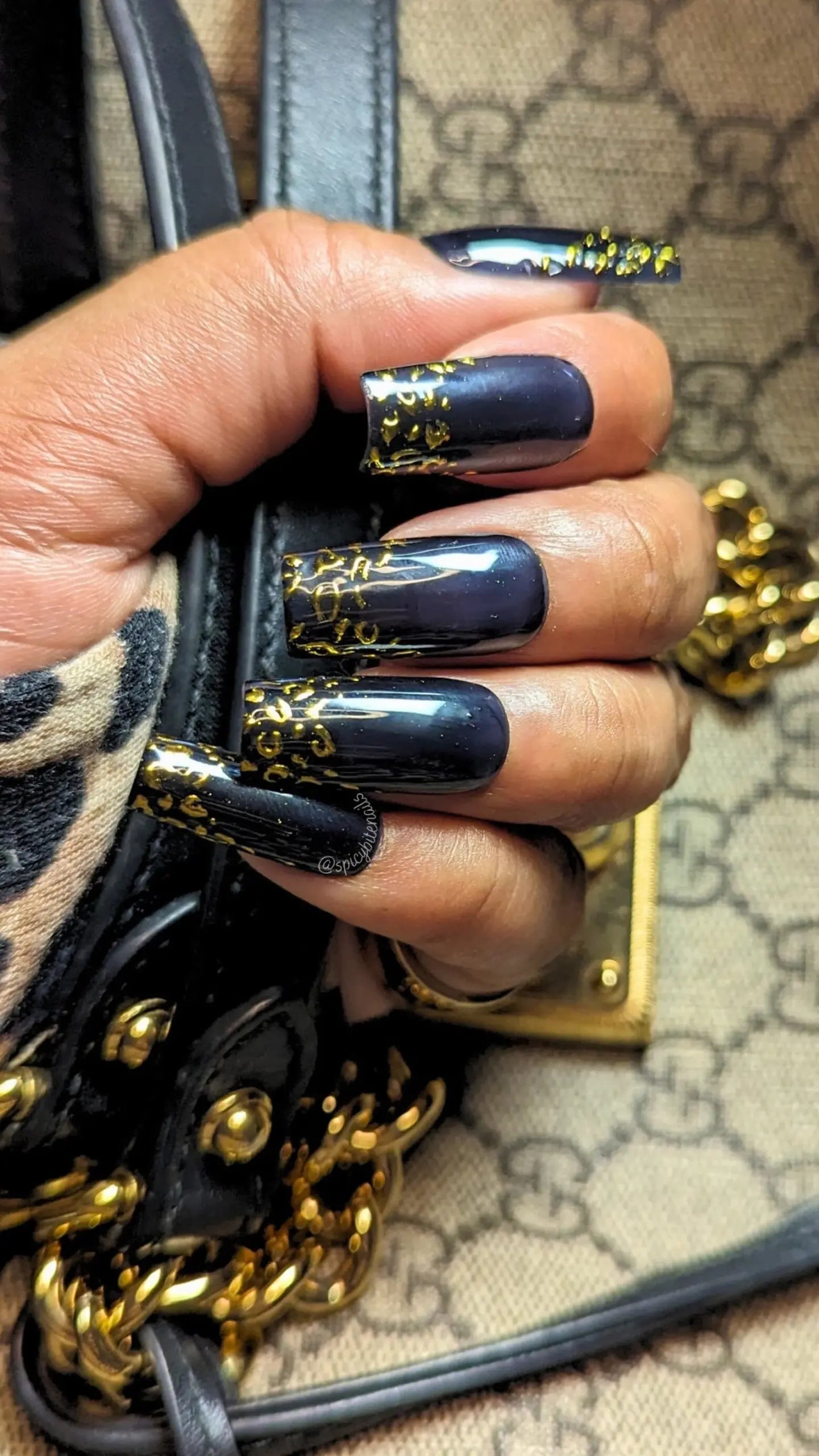 Mob Wife - Sheer Black and Gold Chrome Leopard French Press-On Nail Extensions 10pcs
