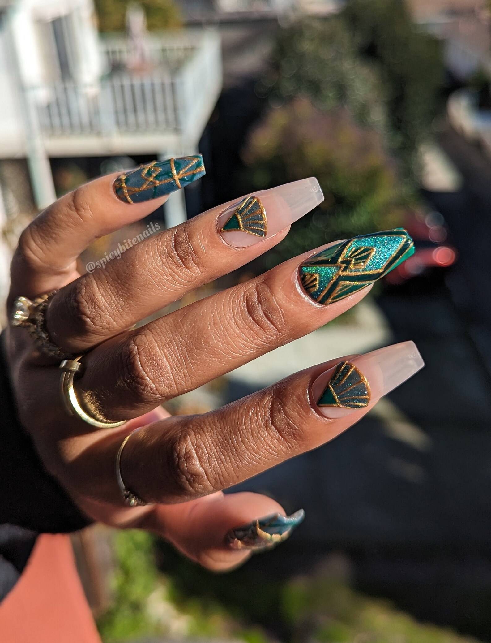 Great Gatsby - Green and Gold Art Deco Cat-Eye False Press-On Nail Extensions 10pcs