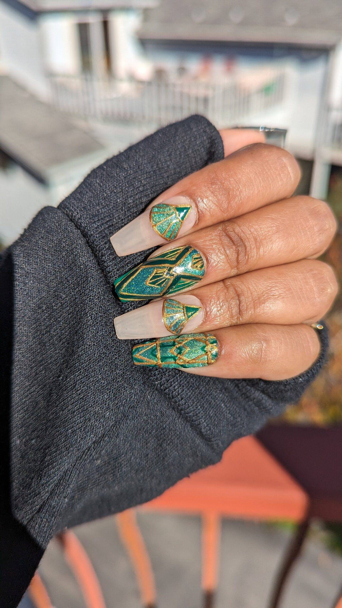 Great Gatsby - Green and Gold Art Deco Cat-Eye False Press-On Nail Extensions 10pcs