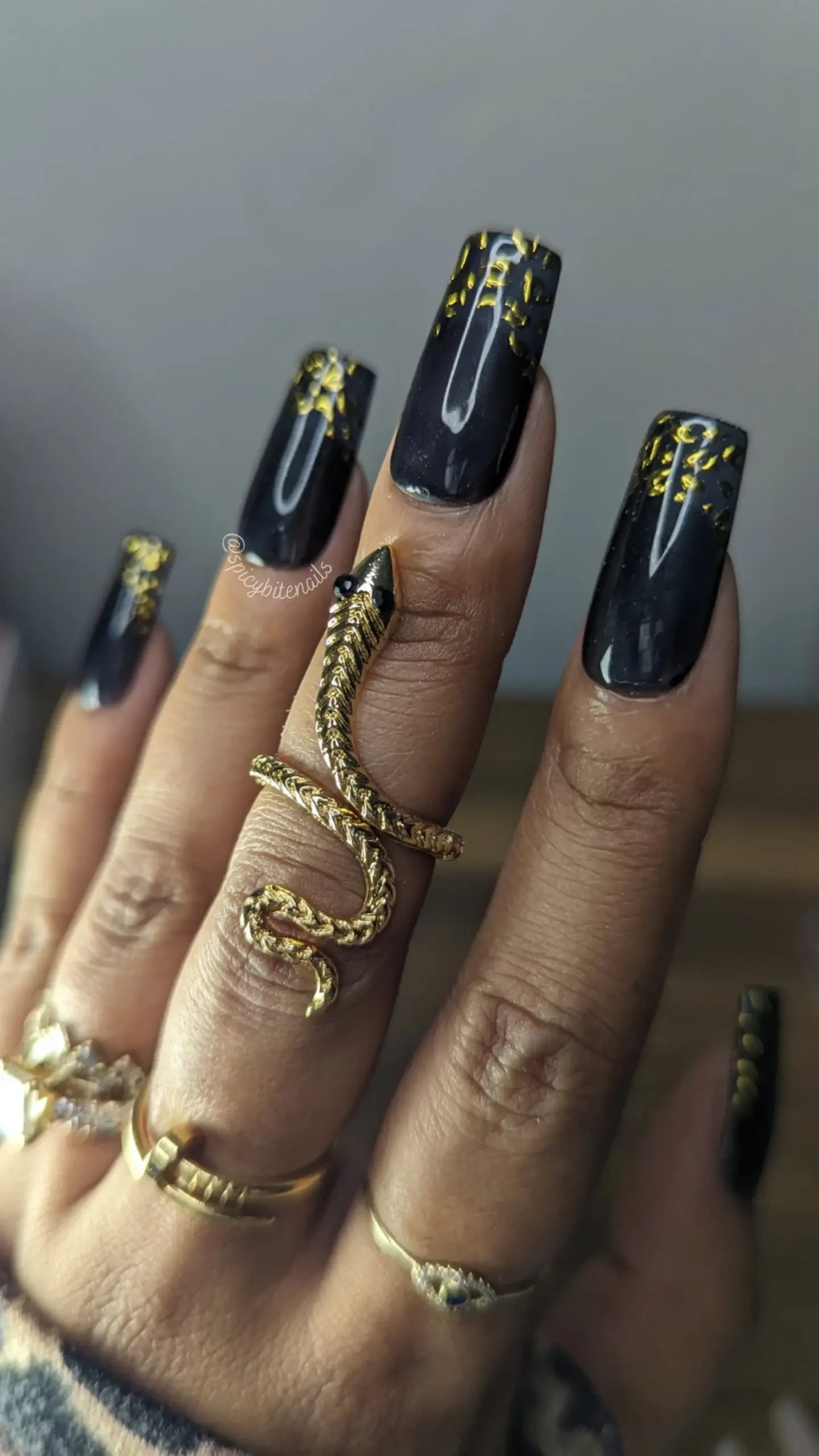 Mob Wife - Sheer Black and Gold Chrome Leopard French Press-On Nail Extensions 10pcs