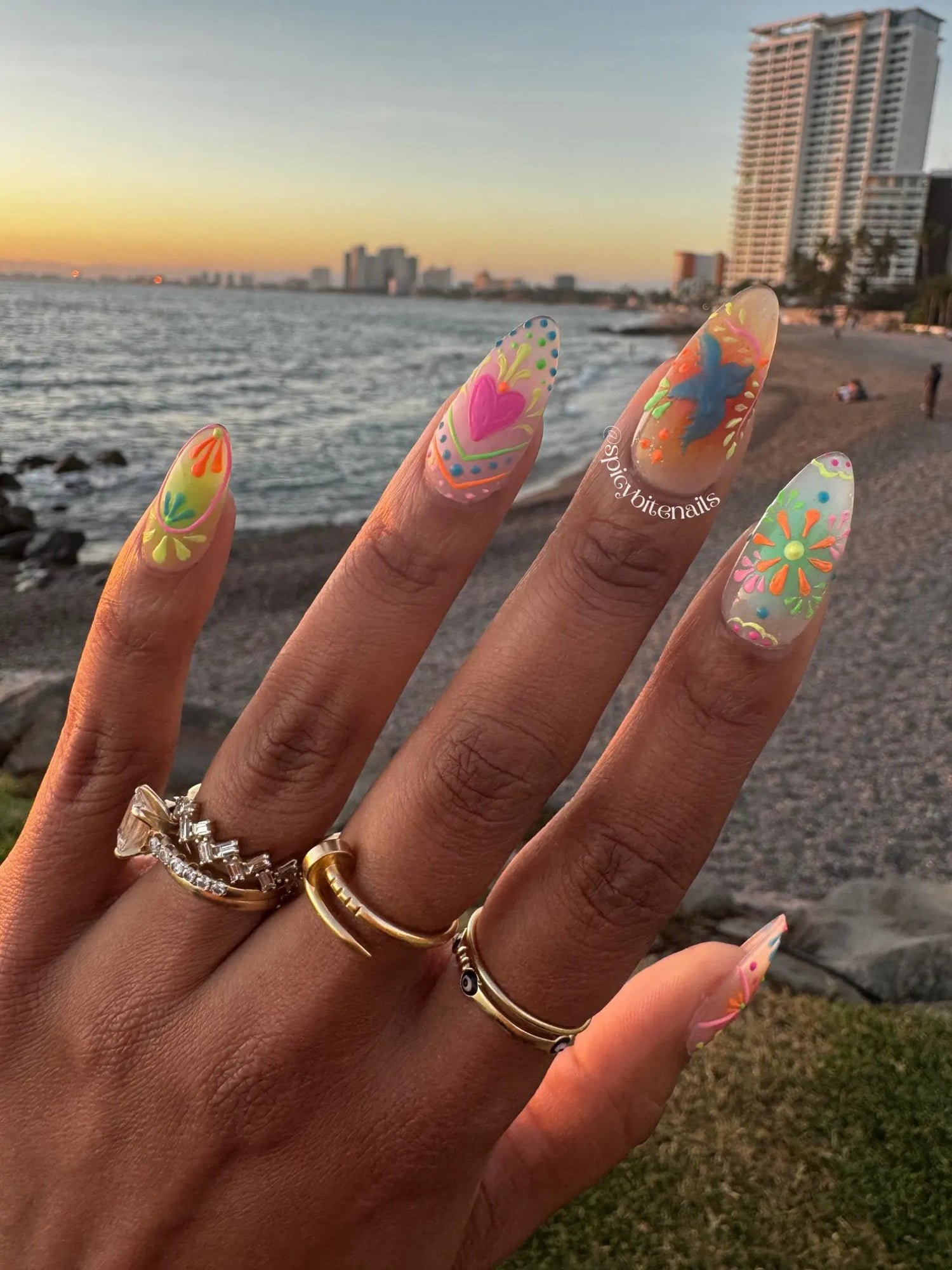 Flor y Fiesta - Mexican Folk Art Inspired Airbrush Rainbow Press-On Nail Extensions 10pcs