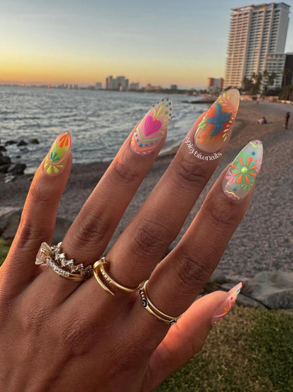 Flor y Fiesta - Mexican Folk Art Inspired Airbrush Rainbow Press-On Nail Extensions 10pcs
