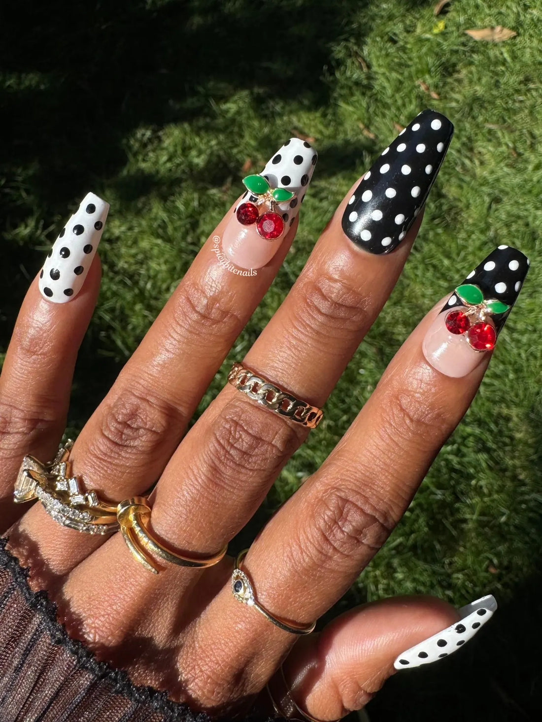 Cherry on Top - Black and White Polka Dot and Cherry Press-On Nail Extensions 10pcs