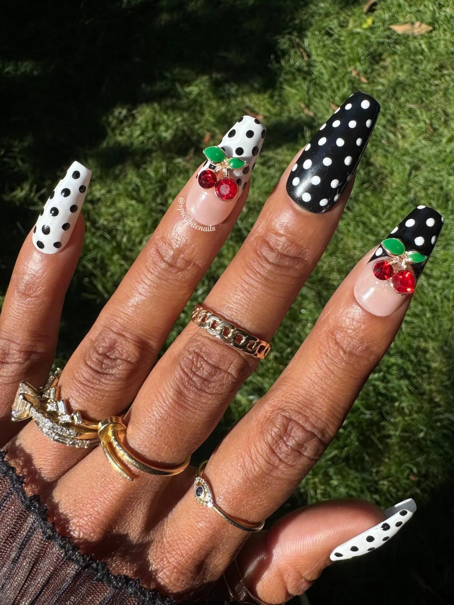 Cherry on Top - Black and White Polka Dot and Cherry Press-On Nail Extensions 10pcs