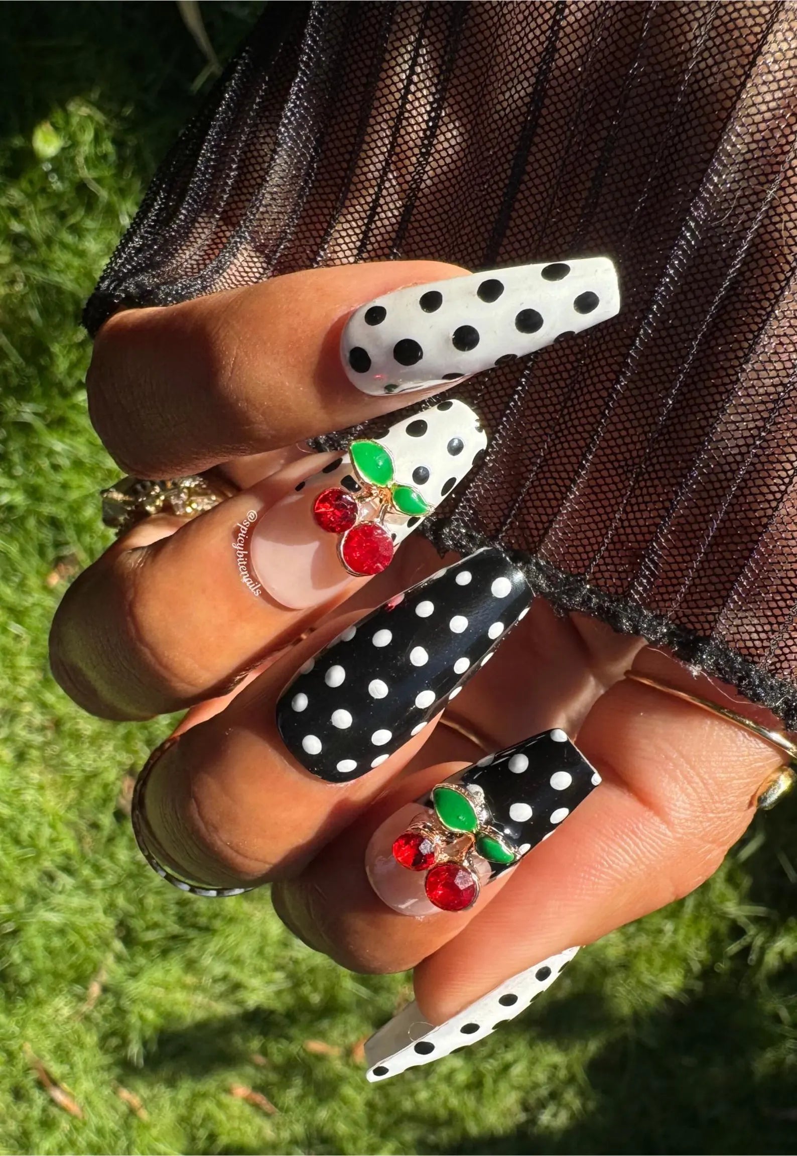 Cherry on Top - Black and White Polka Dot and Cherry Press-On Nail Extensions 10pcs