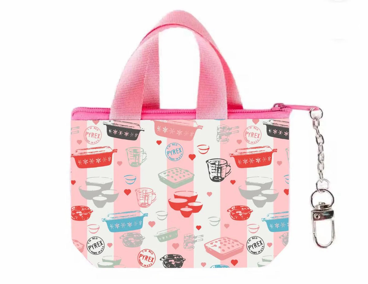 Mini Tote Bag Charm: Vintage Pyrex Kitchen Bowls, Zipper Pouch keychain