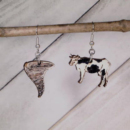 Cow and Tornado Wooden Earrings | Funny Weather Storm Jewelry