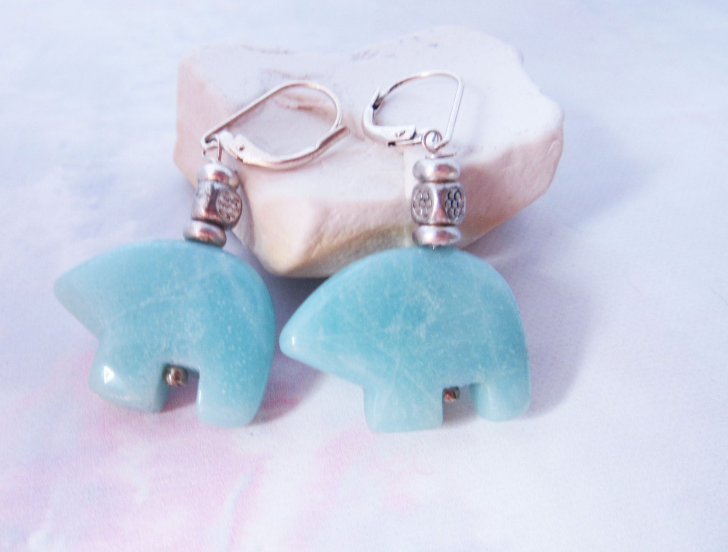 Sky Blue Bear Earrings - Zuni Style Amazonite Earrings featuring sky blue stones on sterling silver lever backs, perfect for stylish ear jewelry.