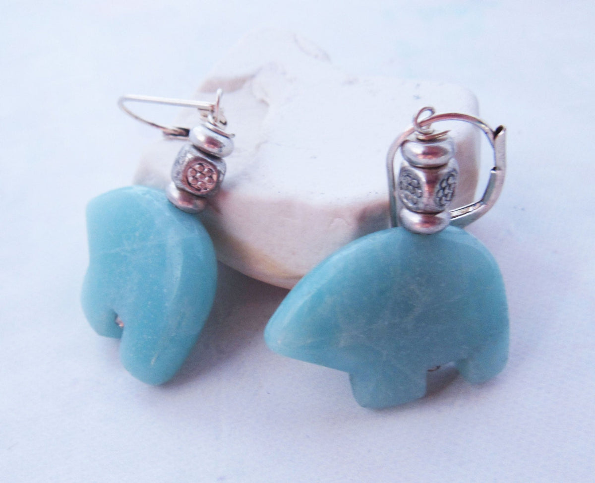 Close-up of Sky Blue Bear Earrings - Zuni Style Amazonite Earrings showcasing the vibrant blue color and bead accents, ideal for animal-themed jewelry lovers.
