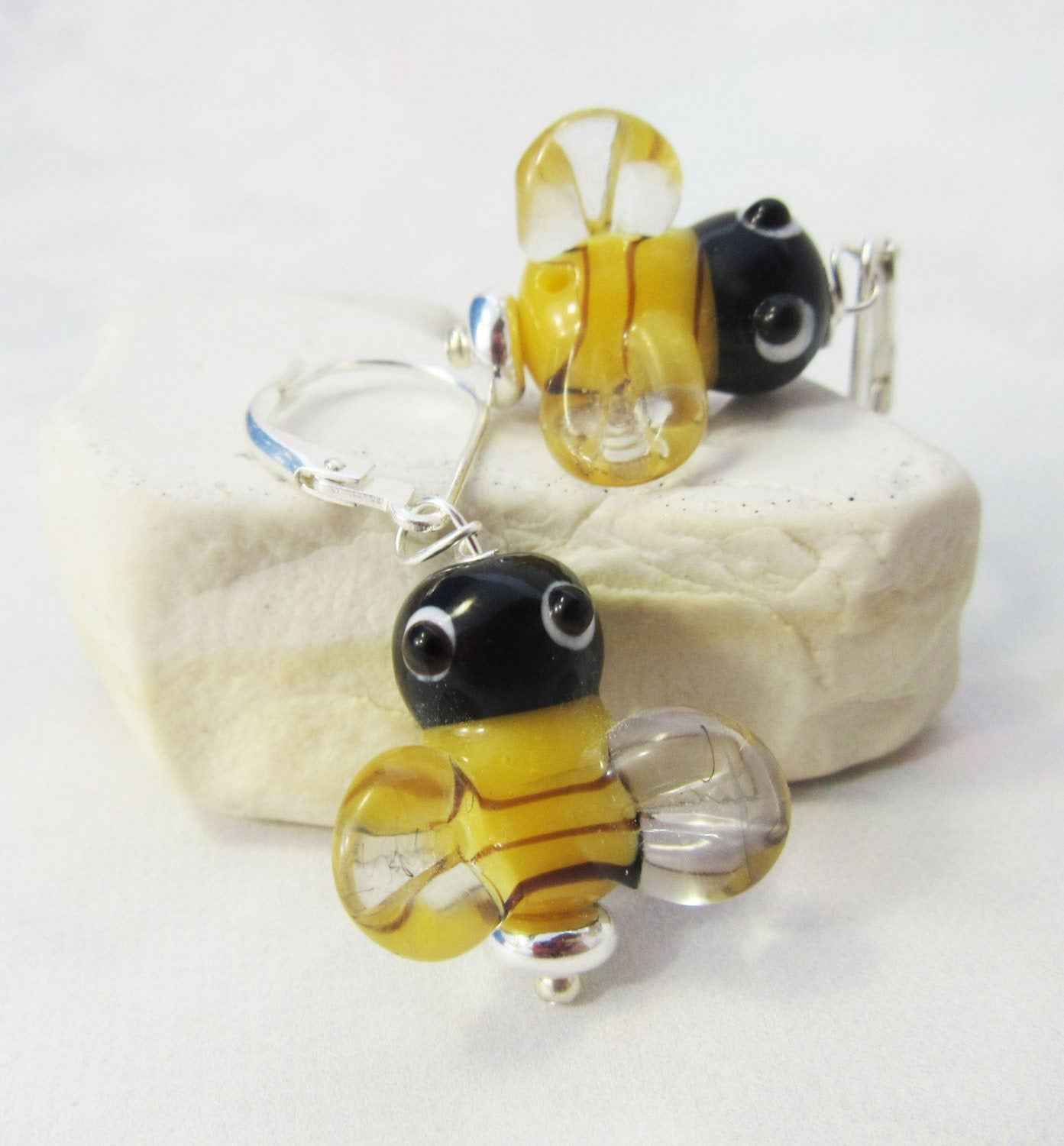Buzzing Bee Earrings featuring cheerful Honey Bee Art in glass, perfect gift for beekeeper and apiarist jewelry.