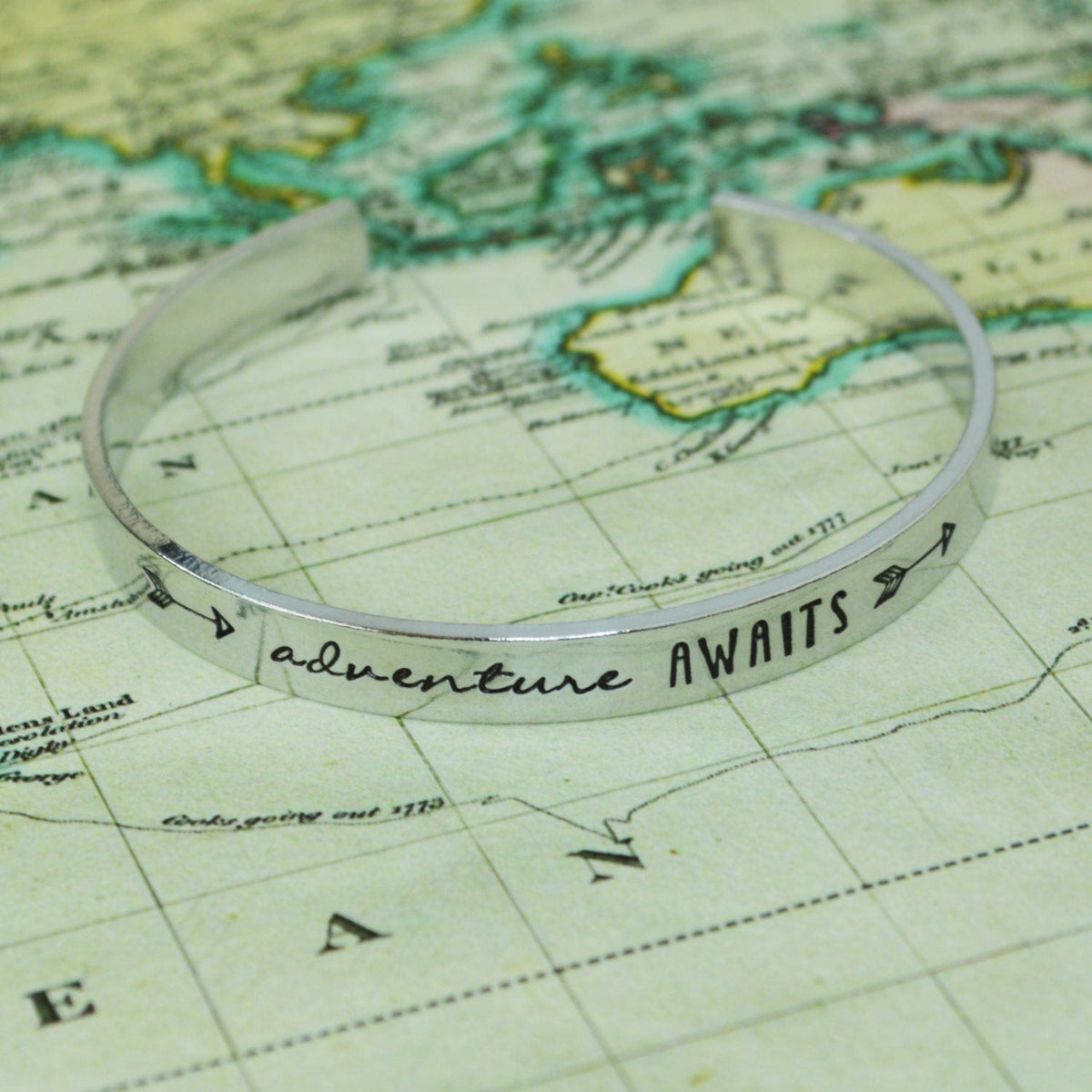 Adventure Awaits Aluminum Brass or Copper Bangle - Travel Jewelry