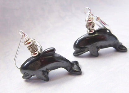 Dolphin Earrings Carved Black Hematite - Glossy cute dolphin-shaped earrings, perfect gift for dolphin lovers and animal trainers.