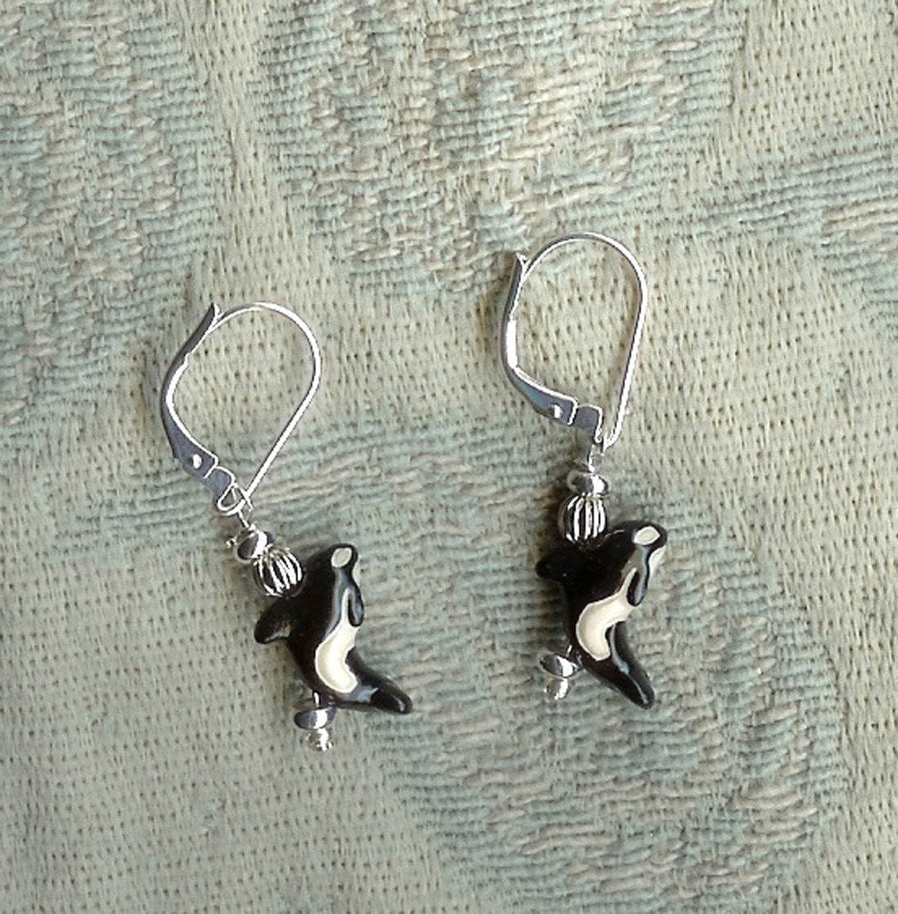 Hand Painted Killer Whale Earrings displayed on sterling silver lever backs, a charming ocean themed gift for anyone who loves whales.