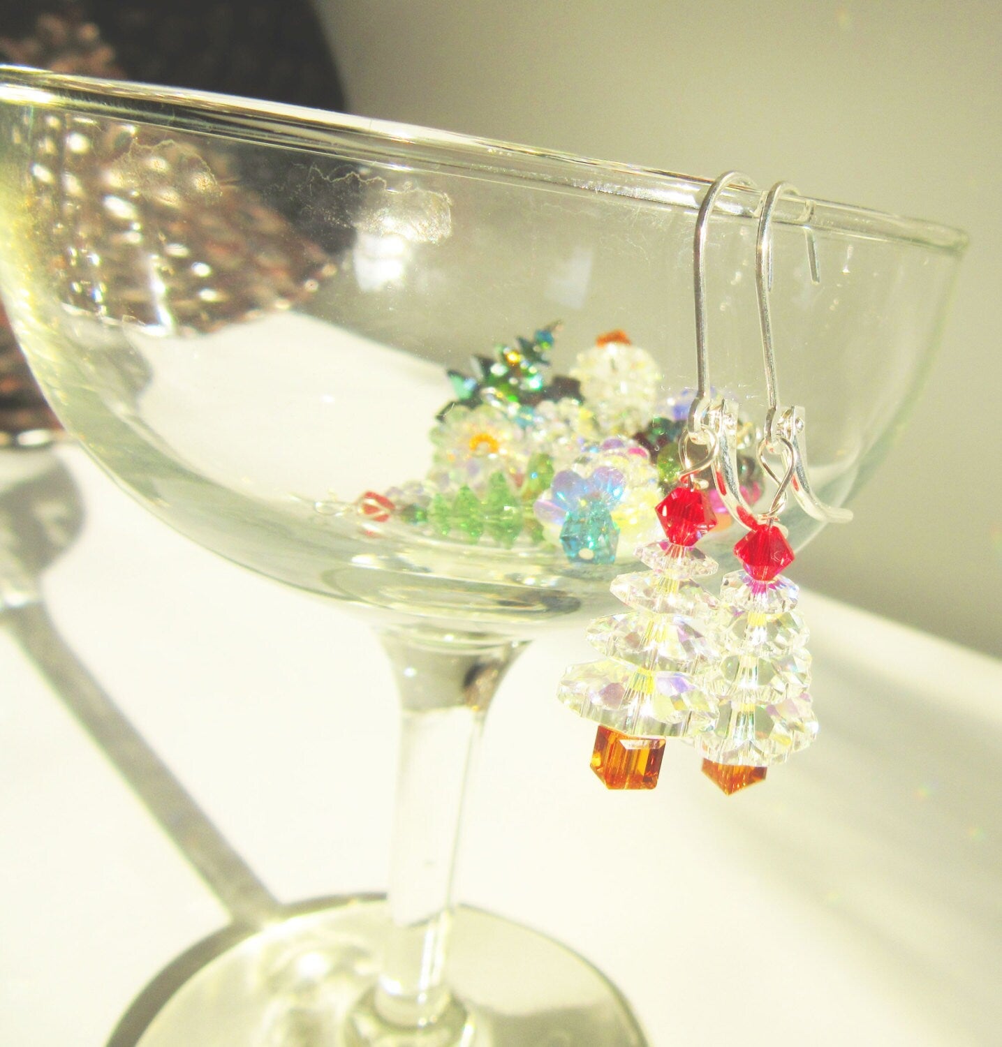 Dangle Earrings - Authentic Crystal Christmas Tree Earrings in various colors, designed by Enlivenadorn by Gwynstone, great as holiday gifts.
