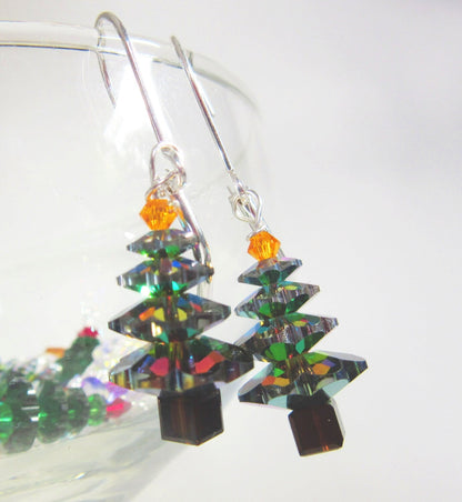 Deep Blue Shimmery Christmas Earrings crystal sparkle - Xmas jewelry - close-up view of earrings showcasing Swarovski crystals and shiny deep blue color.
