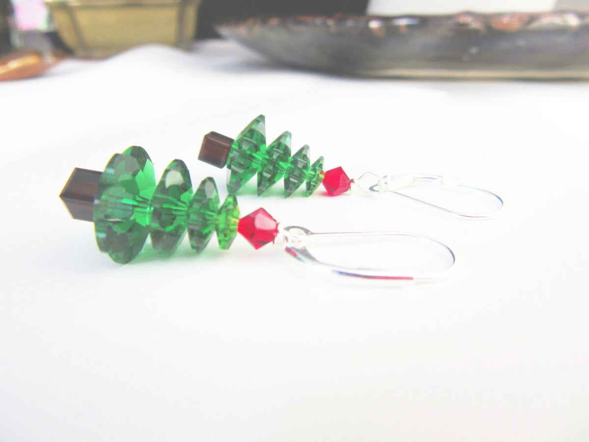 Traditional Christmas Earrings featuring a sparkling green Christmas tree design made with authentic crystals, perfect holiday jewelry for gifts.