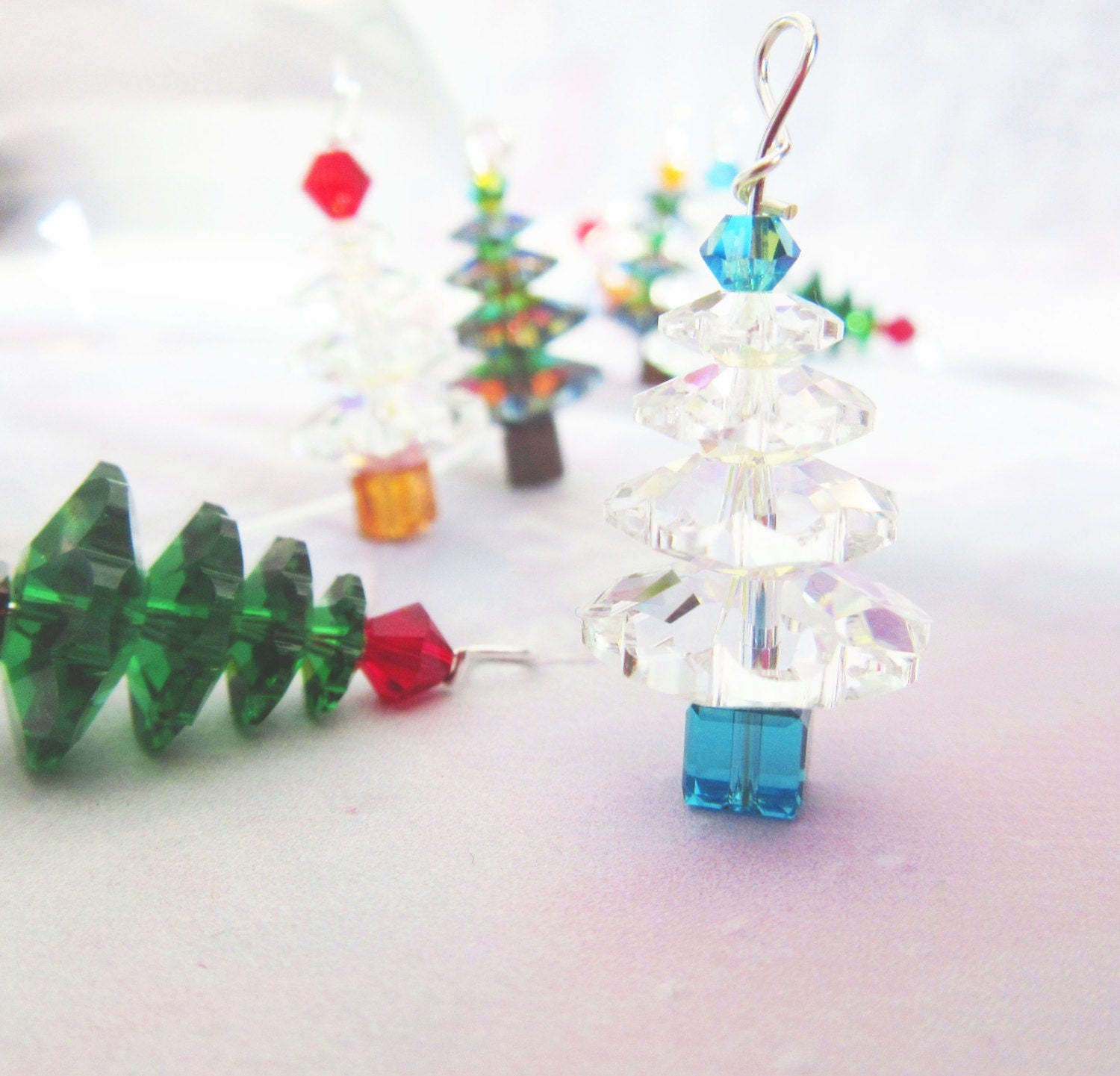 Crystal Christmas Tree Earrings – Sterling Silver Holiday Dangle Jewelry, inspired by colorful faceted beads in clear, green, red, and blue, are perfect for adding festive sparkle to your unique holiday jewelry collection.