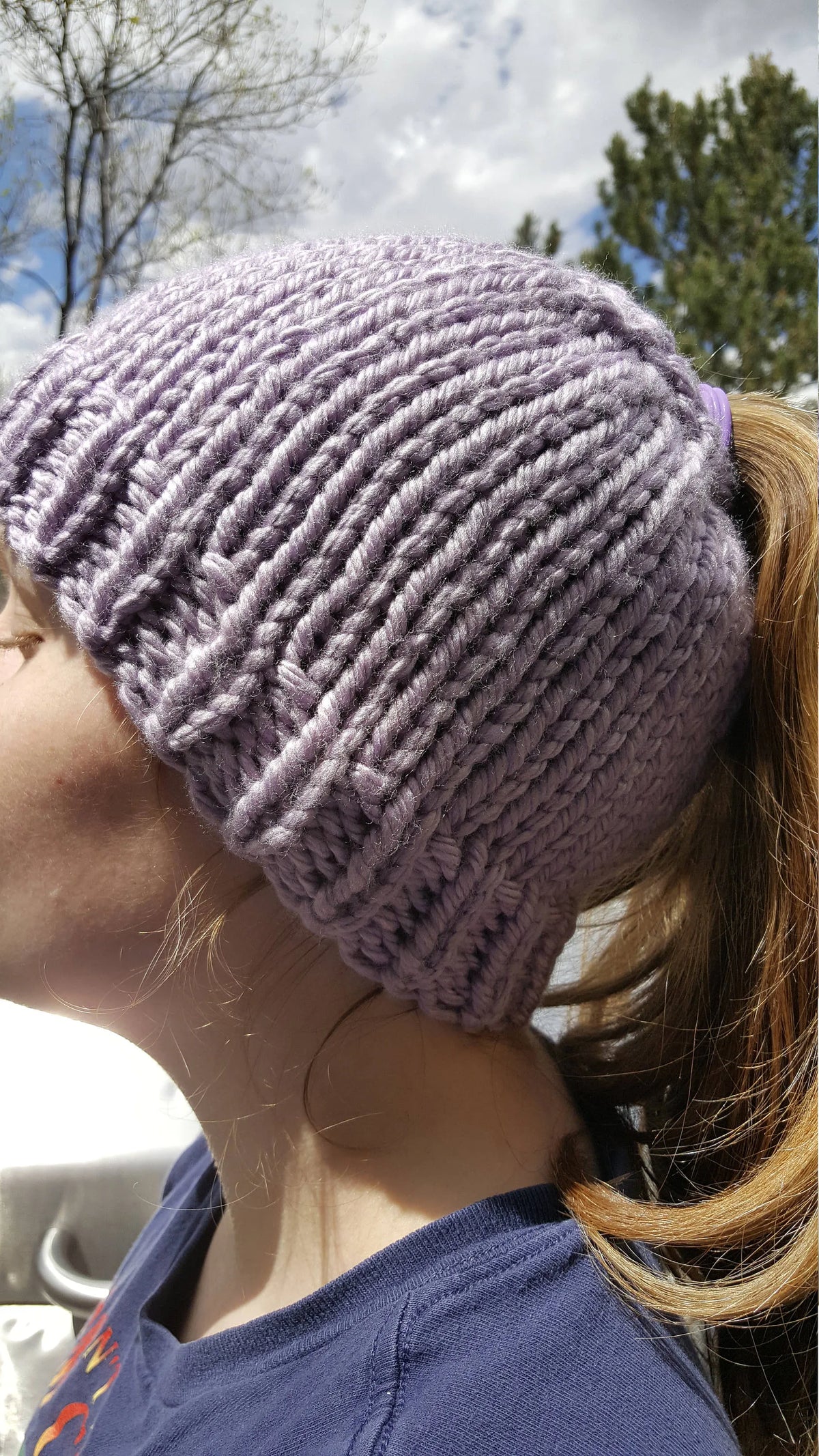 Lavender Chunky Hand Knit Messy Bun Hat