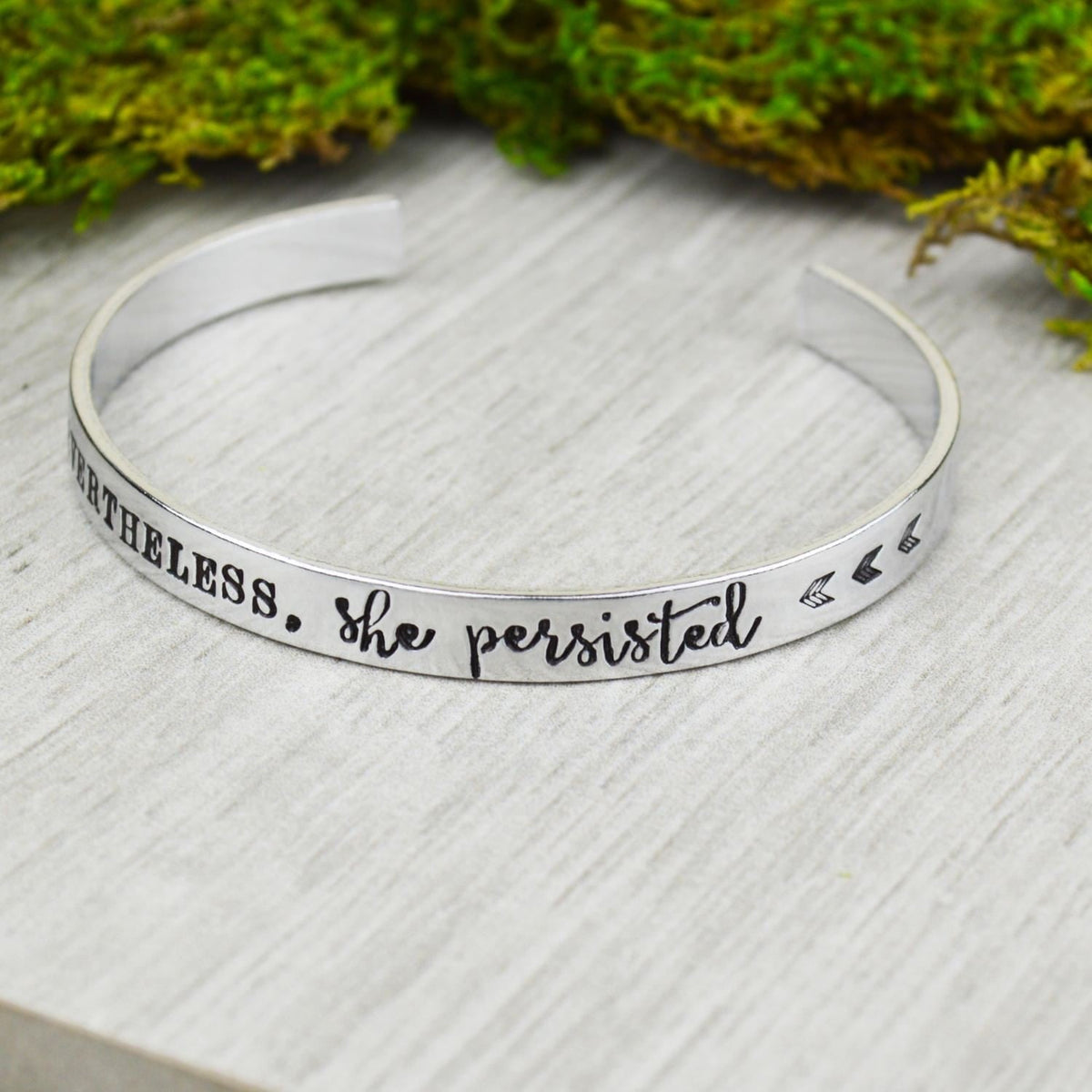Nevertheless She Persisted Aluminum Brass or Copper Handstamped Cuff Bracelet 