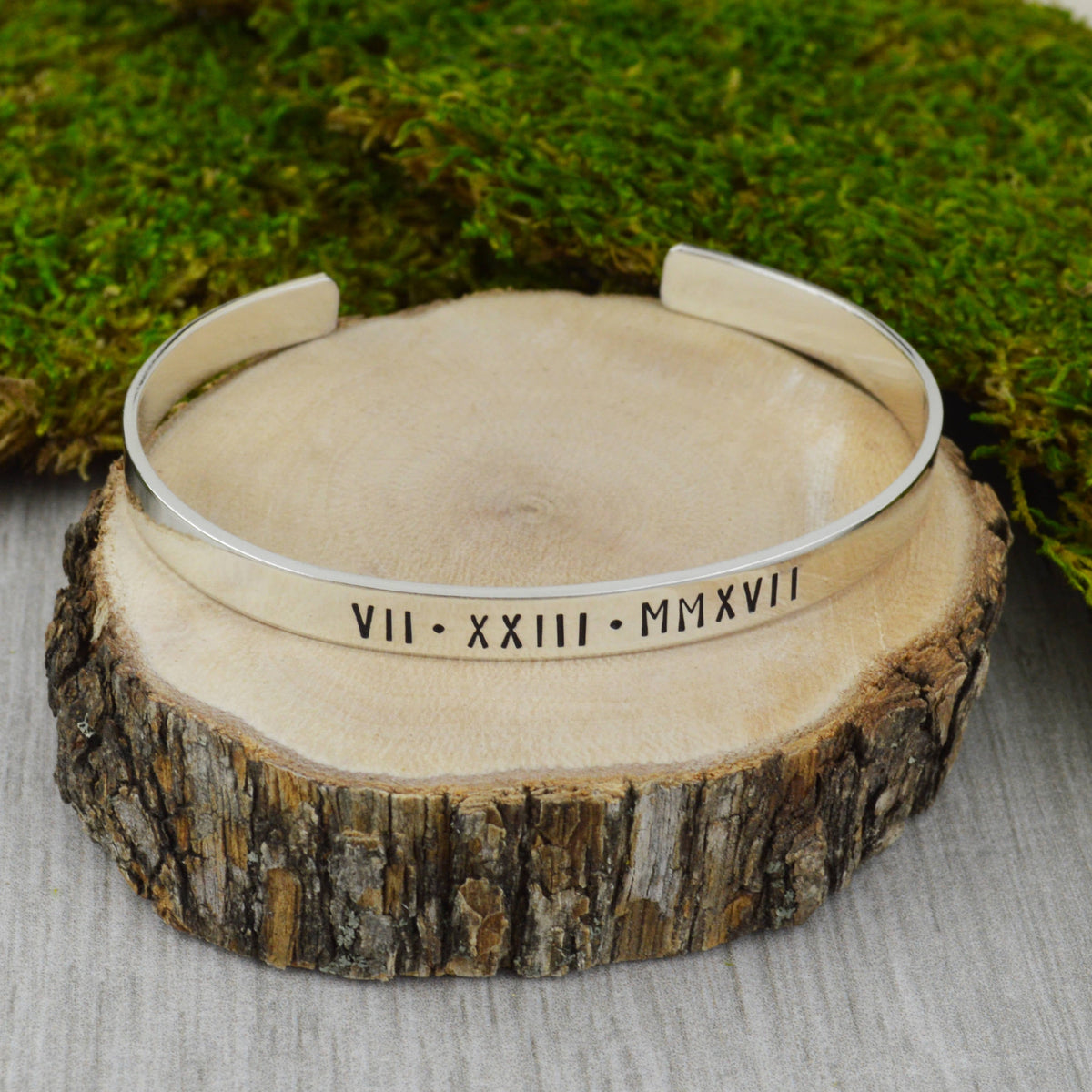 Roman Numeral Bracelet in Aluminum Brass or Copper with Custom Date