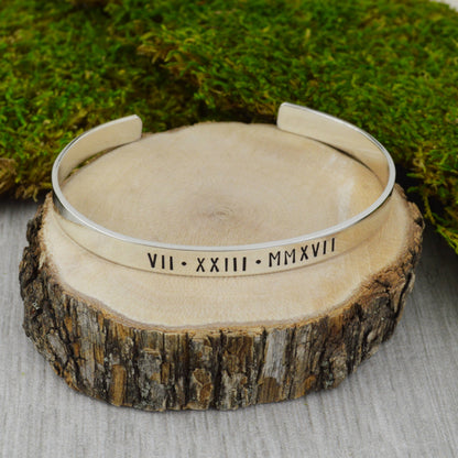 Roman Numeral Bracelet in Aluminum Brass or Copper with Custom Date