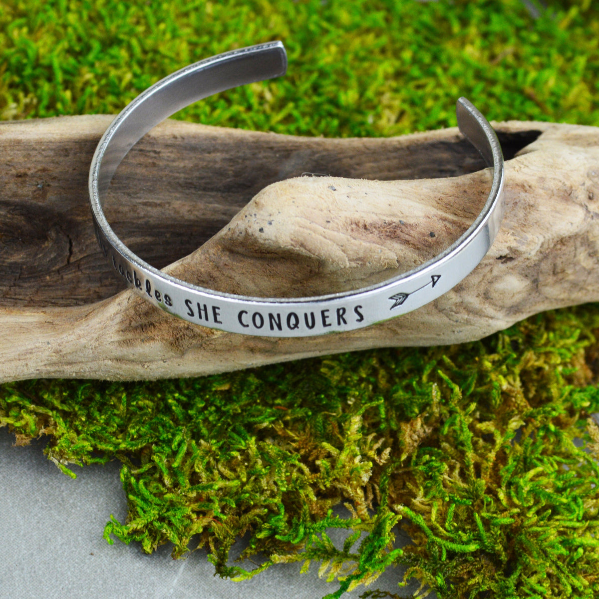 What She Tackles She Conquers Handstamped Bangle 