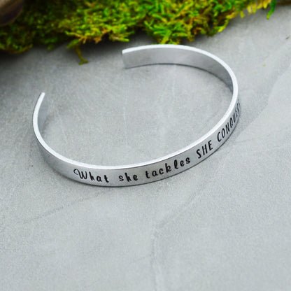 What She Tackles She Conquers Handstamped Bangle 