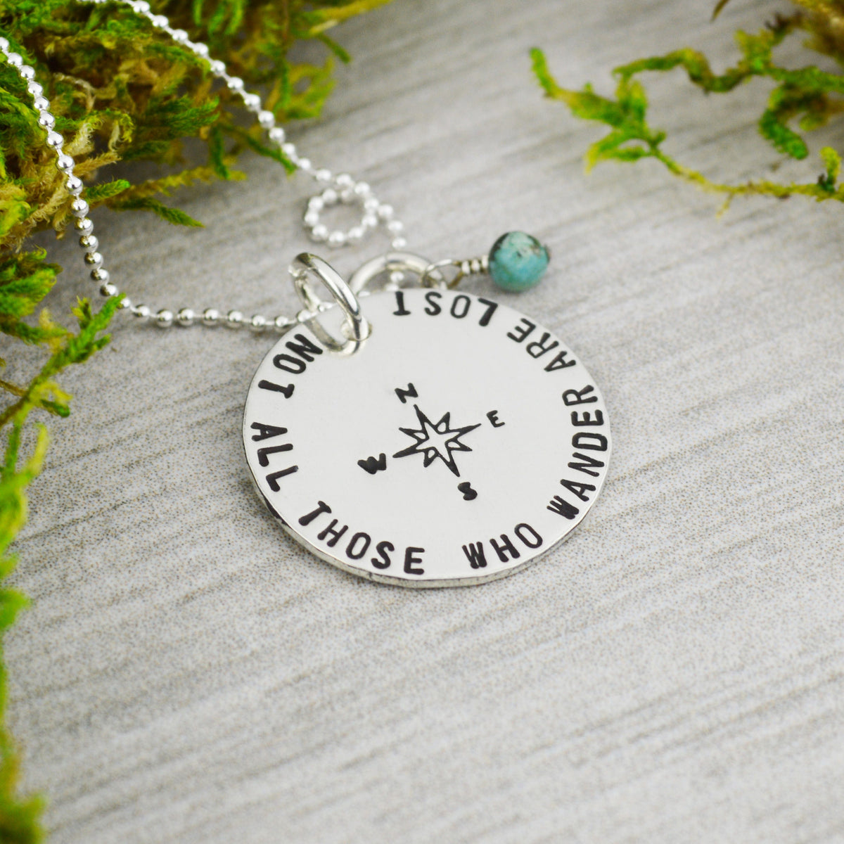 Not All Those Who Wander Are Lost Necklace in Sterling Silver - Travel Jewelry - Wanderlust - Turquoise