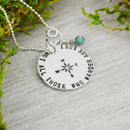 Not All Those Who Wander Are Lost Necklace in Sterling Silver - Travel Jewelry - Wanderlust - Turquoise