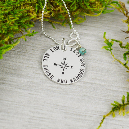 Not All Those Who Wander Are Lost Necklace in Sterling Silver - Travel Jewelry - Wanderlust - Turquoise