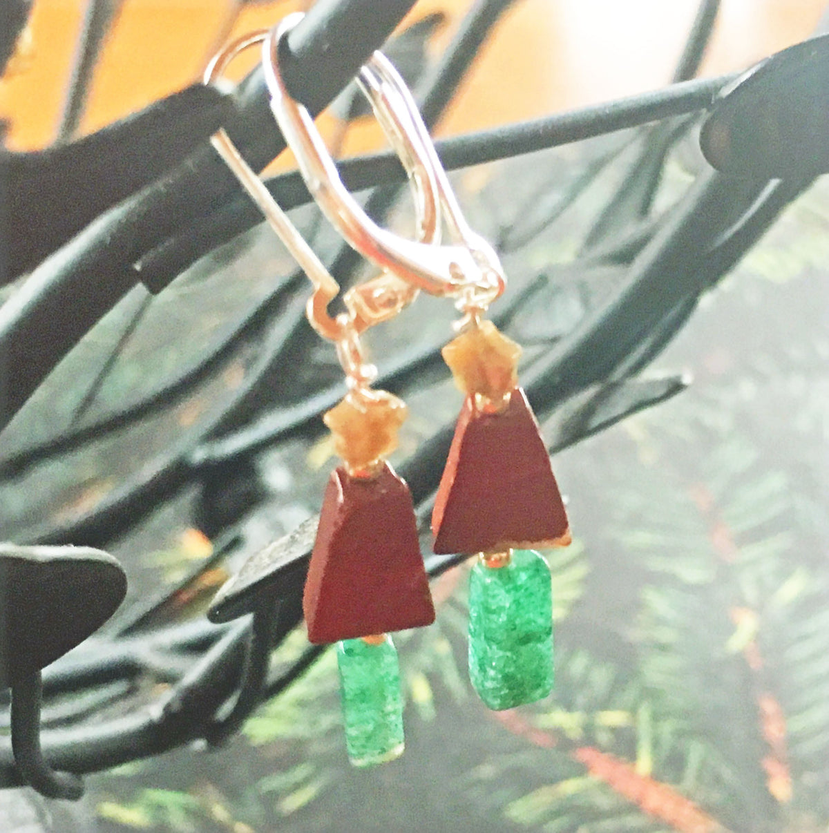 Christmas Tree Earrings - Minimalist Green Red Jasper Stone Tree Jewelry featuring a delicate gold star, red jasper tree, and green jasper trunk, perfect for festive holiday spirit.