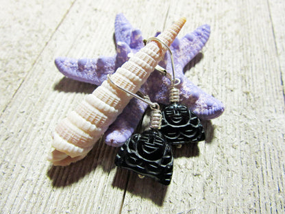 Smiling Buddha Laughing Earrings made of black stone, featuring a peaceful design for zen gifts, perfect as ear lobe earrings to promote calm and serenity.