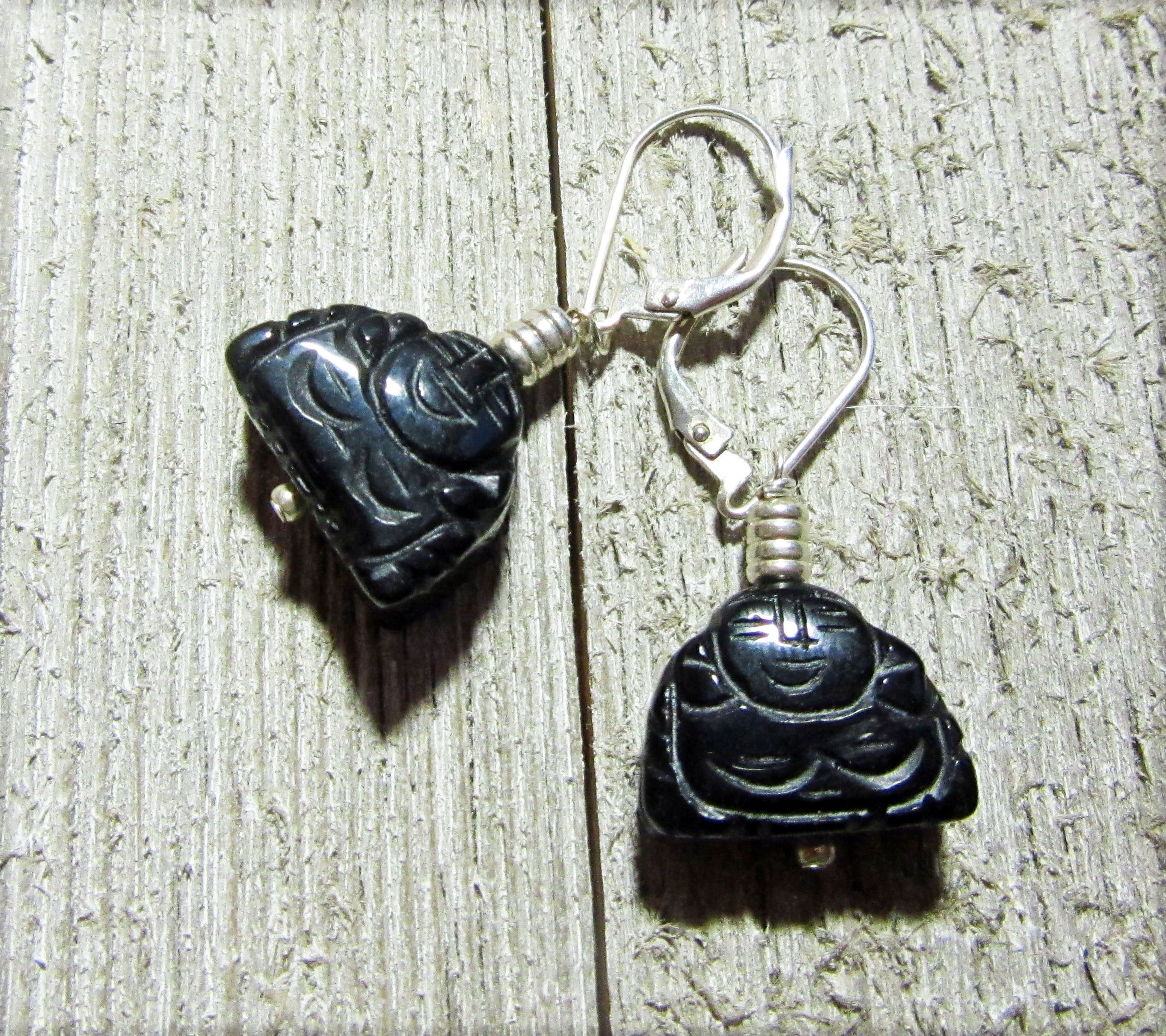 Smiling Buddha Laughing Earrings showcasing black stone carved design, perfect Zen gifts for her.