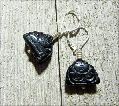 Smiling Buddha Laughing Earrings showcasing black stone carved design, perfect Zen gifts for her.