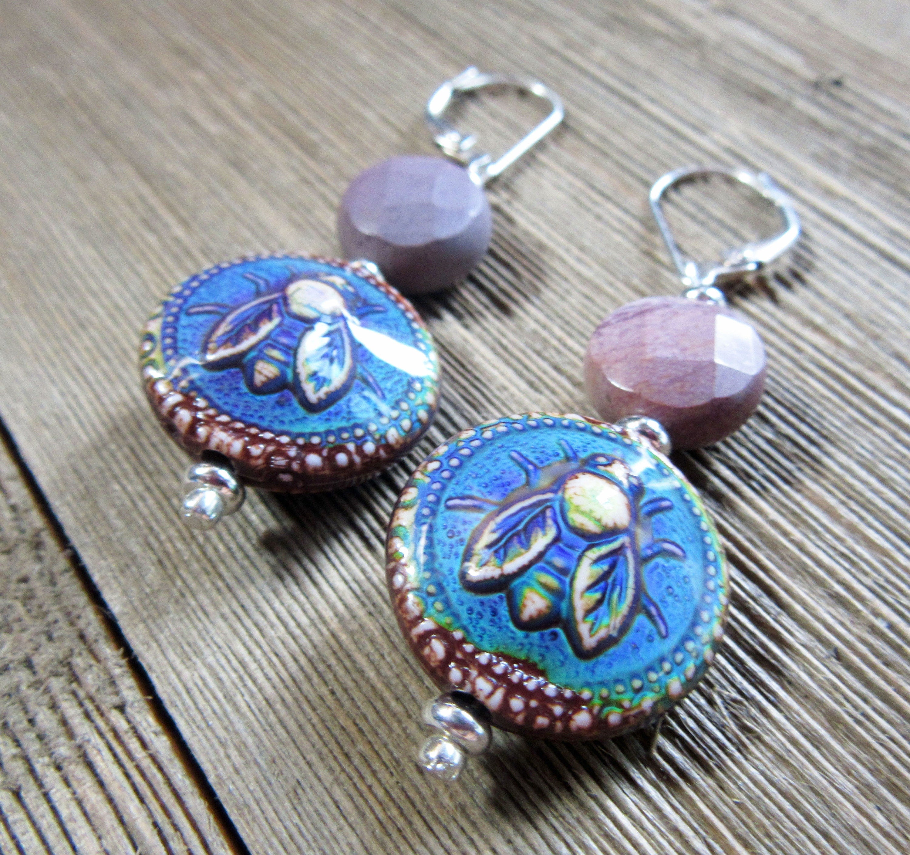 Bee Earrings with Natural Stone Moukite Accent Bead, handmade honeybee jewelry featuring color-changing mood bead.