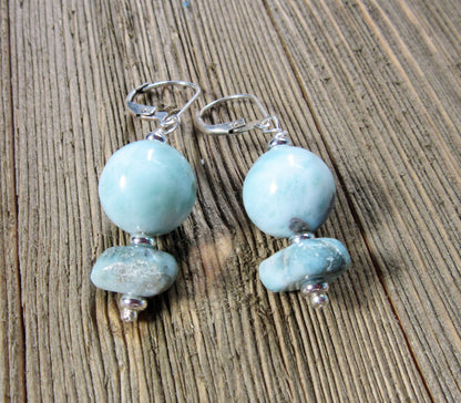 Elegant Larimar Earrings in Boho style, made from genuine sky blue Larimar stone, perfect for a serene tropical getaway.