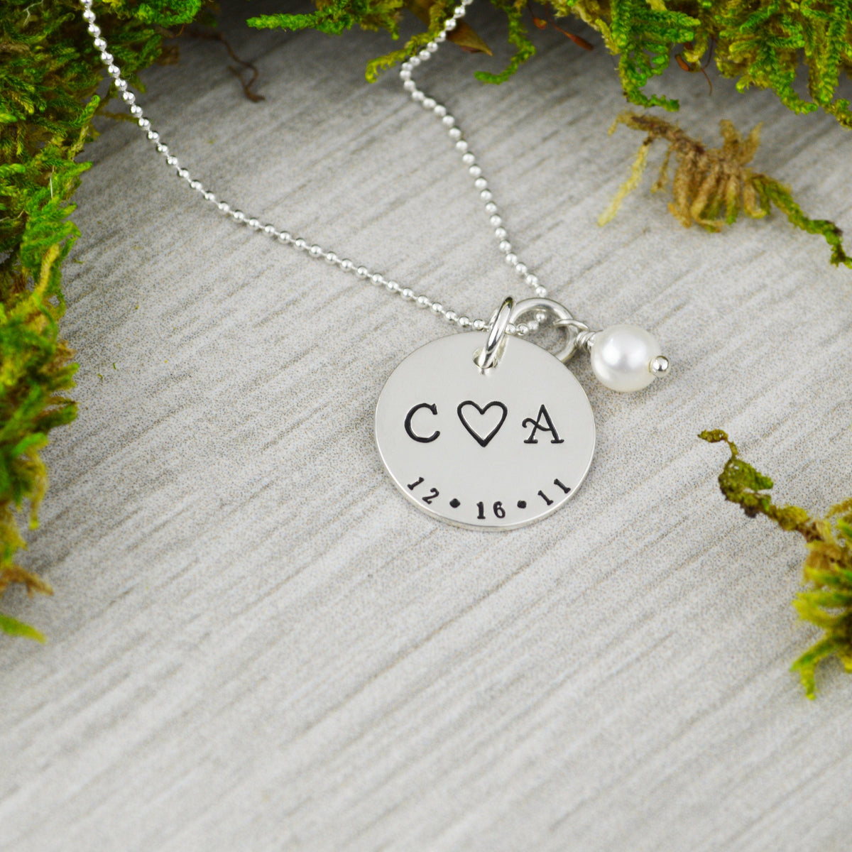 Custom Date and Initial Necklace with Freshwater Pearl - Hand Stamped  Wedding Gift - Anniversary or Valentine Gift