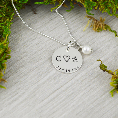 Custom Date and Initial Necklace with Freshwater Pearl - Hand Stamped  Wedding Gift - Anniversary or Valentine Gift