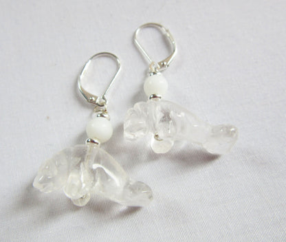 Beautifully crafted Manatee Earrings with Clear Quartz Drop, a must-have accessory for Florida wildlife enthusiasts.