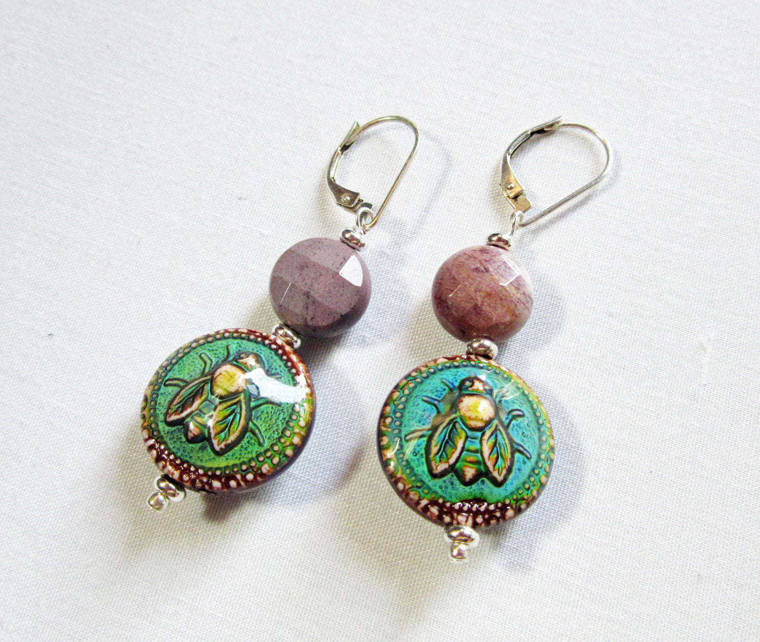 Bee Earrings with Natural Stone Moukite Accent Bead featuring color-changing mood bead, perfect gift for nature lovers.