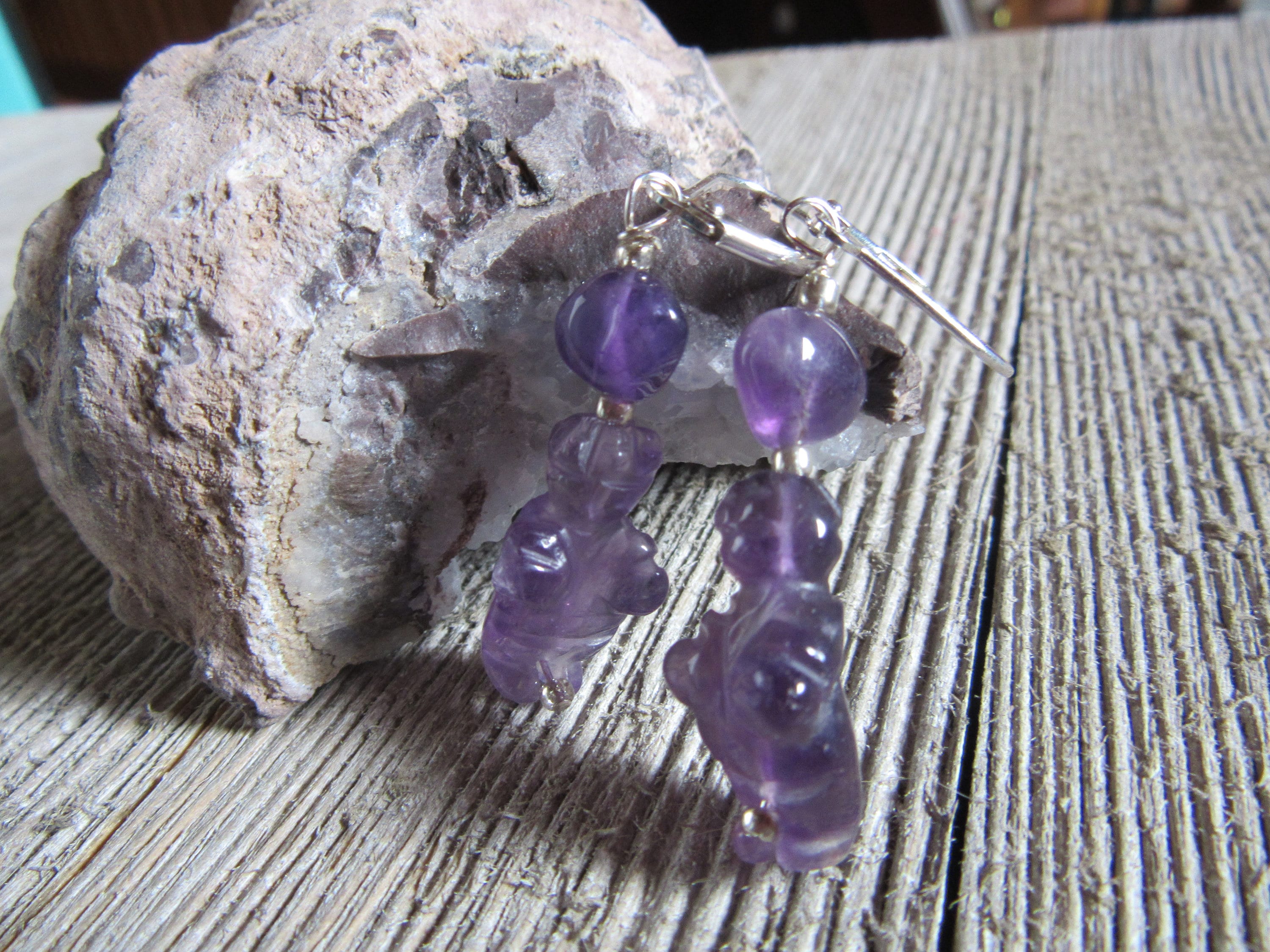 Purple Stone Venus Earrings featuring Goddess of Willendorf Figure carvings, a symbolic jewelry gift for women, showcasing zen aesthetic style.