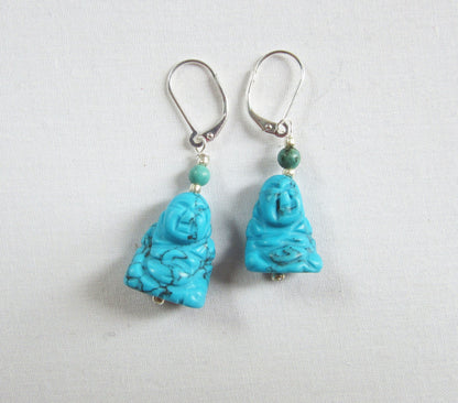 Lightly dangling Smiling Happy Man Zen Earrings with howlite and turquoise stones, ideal for adding zen style.