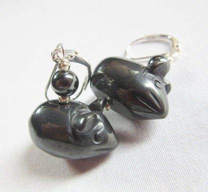 Mouse earrings made of hematite, featuring carved stone animal design, perfect for adding fun to any outfit.