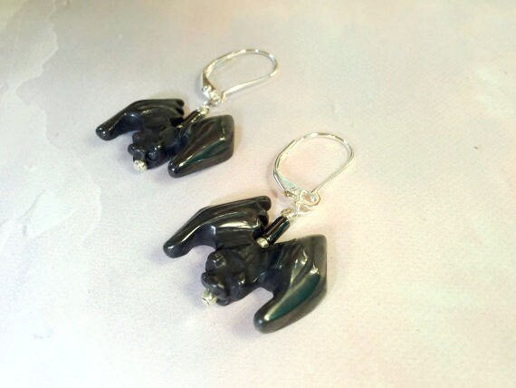 Bat Earrings of black stone - Halloween Jewelry, perfect for adding a creepy touch to any outfit, made from polished hematite.