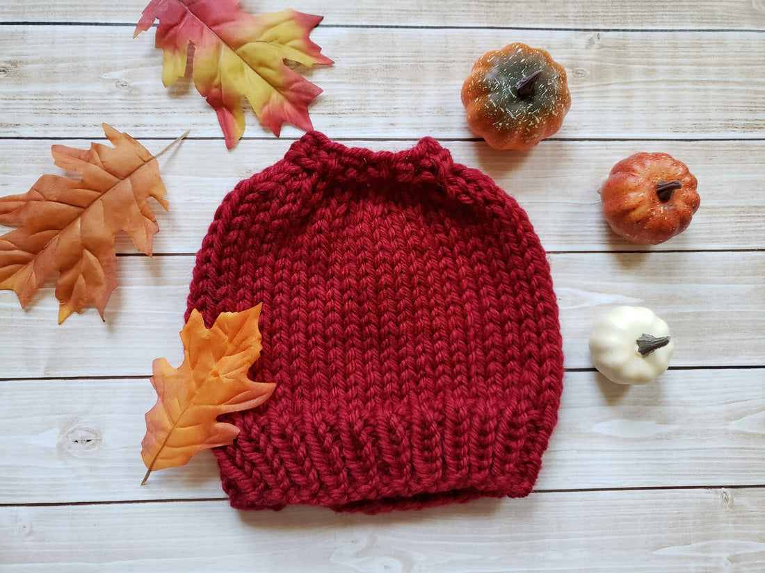 Red Chunky Hand Knit Messy Bun Hat