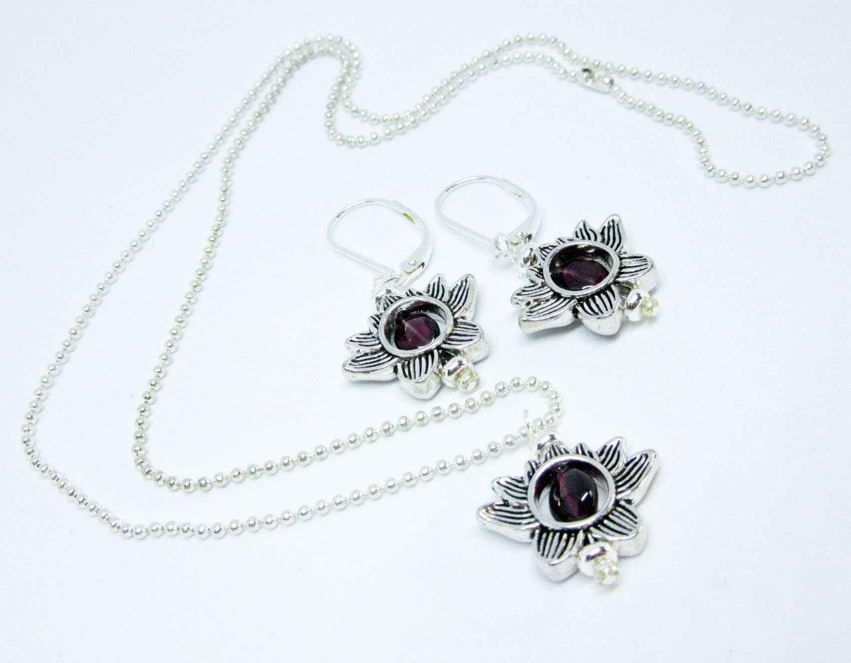 Lotus Flower Zen Jewelry set  - Silver Lotus Earrings, Garnet Stone Pendant, Turquoise Silver Lotus Charm, Dainty Necklace, Calming Jewelry