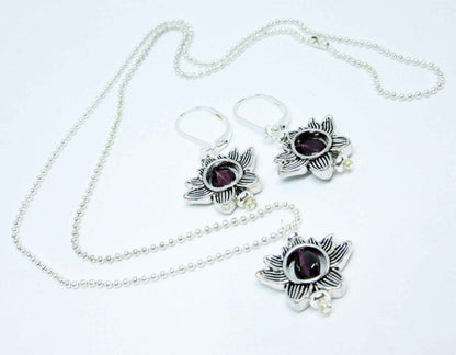 Lotus Flower Zen Jewelry set  - Silver Lotus Earrings, Garnet Stone Pendant, Turquoise Silver Lotus Charm, Dainty Necklace, Calming Jewelry