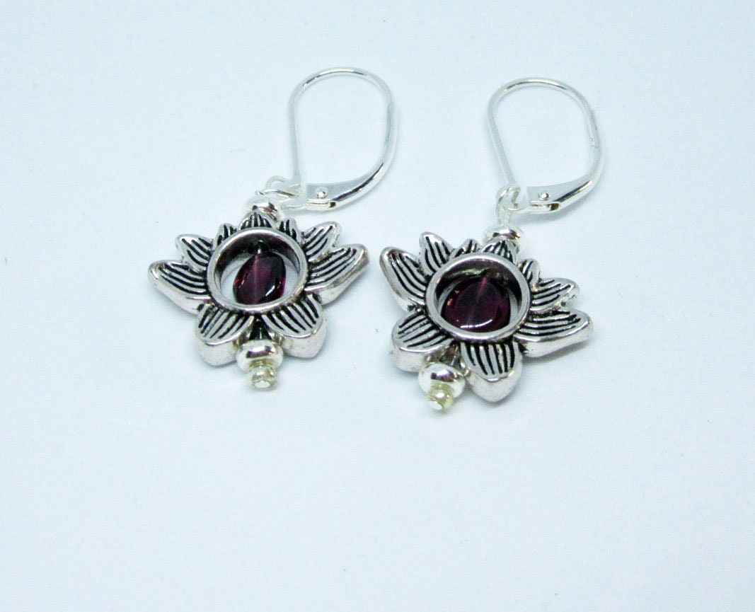 Lotus Flower Zen Jewelry set  - Silver Lotus Earrings, Garnet Stone Pendant, Turquoise Silver Lotus Charm, Dainty Necklace, Calming Jewelry